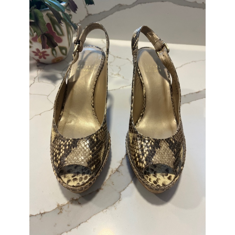 Stuart Weitzman Snakeskin Embossed Cork Wedge Slingback Sandals Brown 7.5 M - Picture 7 of 8